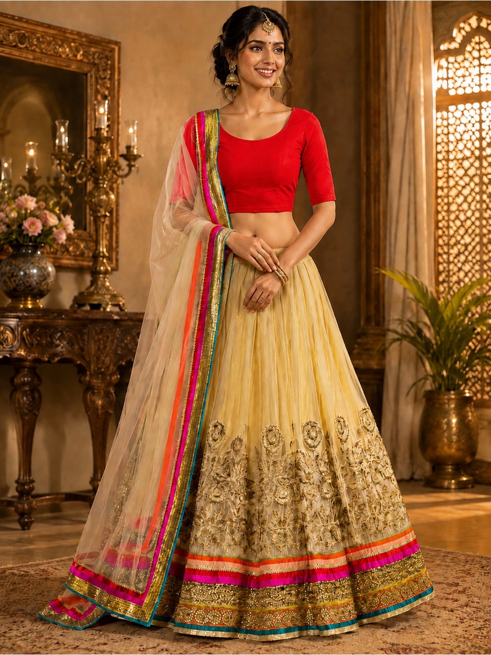 Bollywood Style Indian Gold  Embroidered Lehenga Blouse Dupatta S/M/L
